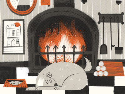 Hearth and Home character digital painting dog fire fireplace home illustration lounge sleep tail texture winter