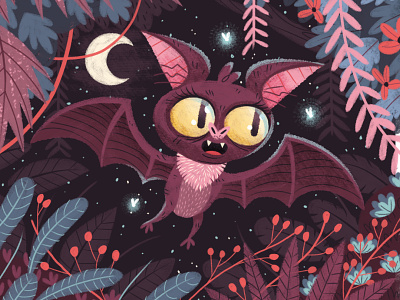 Going Batty bat bugs bush eyes flower flying insect leaves moon night star wings