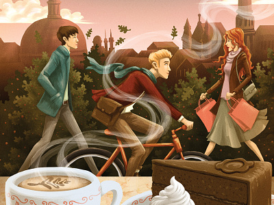 Vienna bicycle cake character city coffee digital painting editorial illustration people skyline texture vienna