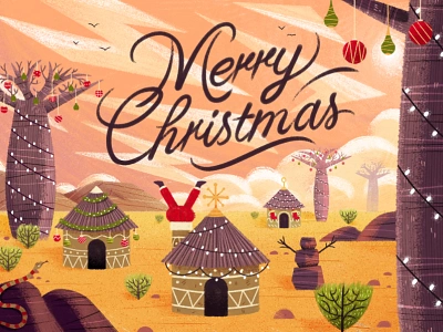 Rural festivities baobab character drawing illustration landscape lettering painting retro santa sky typography xmas