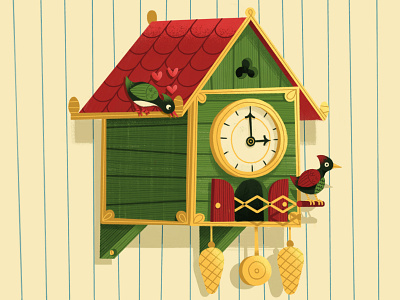 Love Birds birds character clock cuckoo drawing editorial illustration marine retro texture vintage wallpaper