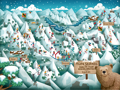 Sonntagszeitung alps bear character digital painting illustration map resort signage ski snow texture