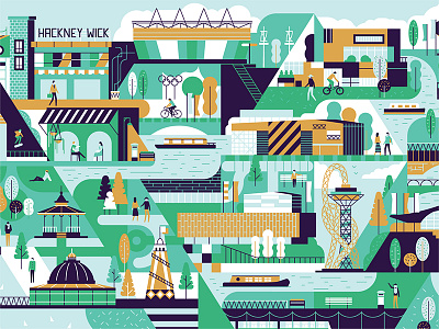 East London boats characters graphic icons landmark map olympic park pattern people trees