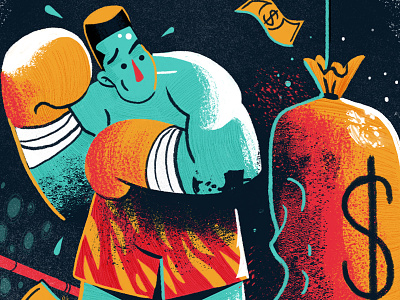 Financial Fitness boxing character dollar drawing face gloves hair illustration money painting retro sport