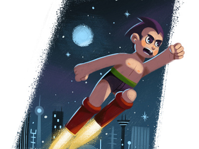 Astro Boy! boy character city comic drawing future illustration japan night painting power retro