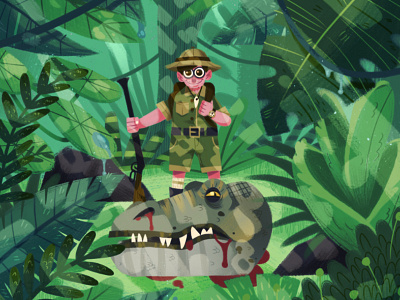 Trophy Hunter character dinosaur drawing gun head hunt illustration jungle leaves painting plant retro