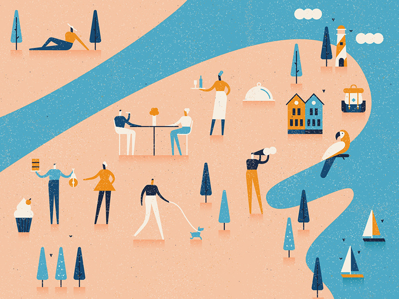 Top 3 Places to Go in 2018 tree boat ocean editorial character design character map graphic flat vector illustration