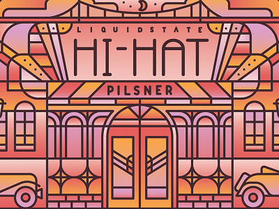 Hi-Hat Pilsner bridge building club deco doors gradient jazz moon pattern typography windows