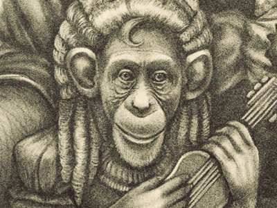 Strange Characters chimp drawing guitar painting sepia
