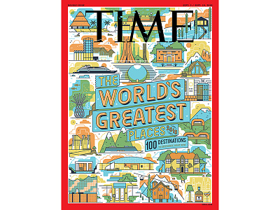 The World's Greatest Places 2018 banner cover editorial flat graphic icon illustration lettering retro time typography vector