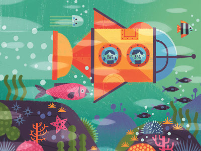 Submarine adventure character digital painting drawing fish flat graphic illustration submarine texture vintage