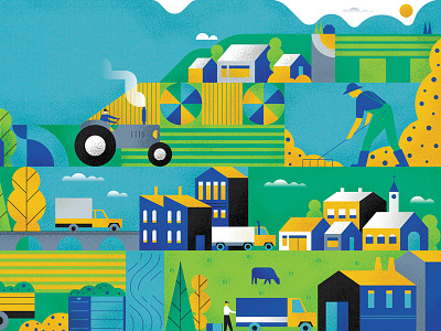 Working The Land character cow crop farm farming fields mountains tactor town truck vector