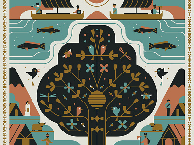 ODIN bird character fish flat graphic illustration ship tree viking