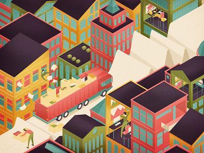 Money Magazine buildings character editorial finance graphic illustration isometric truck vector
