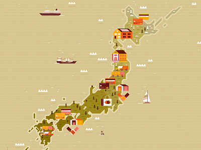 Japan boat design editorial flat graphic icon illustration map retro texture vector vintage