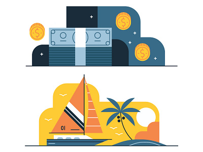 Wealth Report boat design editorial finance flat graphic icon illustration money retro tropical vector