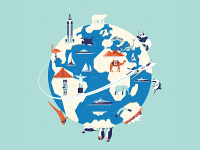 Pursuit character earth editorial globe graphic illustration landmarks map planet vector
