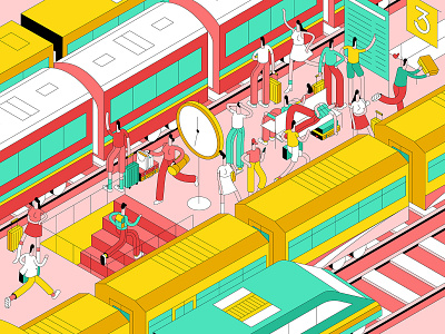 You're Late! character characterdesign design graphic illustration isometric perspective running train station trains vector