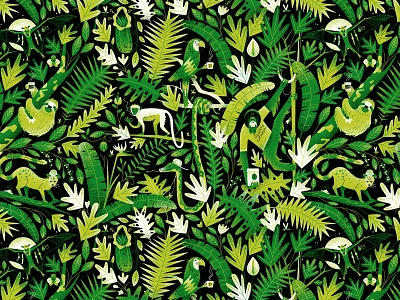 Jungle Massive! animals character coffee drawing graphic illustration jungle plants texture typography vintage wallpaper