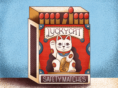 Lucky Cat Strikes Again character drawing graphic illustration japanese luckycat matches retro texture vector vintage wealth