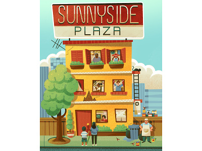 Sunnyside Plaza apartments bookcover building character city drawing editorial graphic illustration novel texture typography