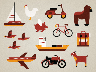 Various map elements backpack bicycle birds boat chicken flying pig goat gorilla motorcycle plane vespa yacht
