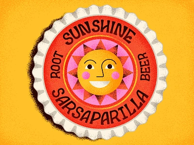 Sunshine Soda bottle cap character drawing graphic illustration lettering packaging retro root beer soda summer sun texture typography vector vintage