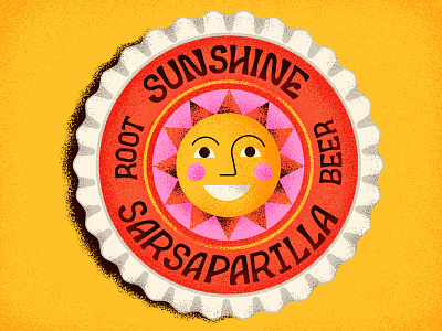 Sunshine Soda bottle cap character drawing graphic illustration lettering packaging retro root beer soda summer sun texture typography vector vintage