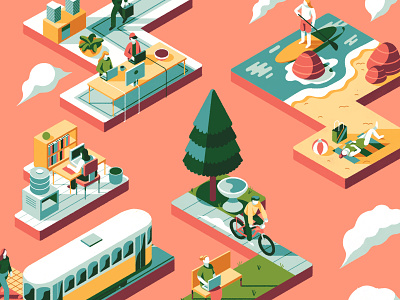 Digital Nomad beach character design editorial graphic illustration isometric illustration isomtric nomad office park perspective texture tram travel vector working