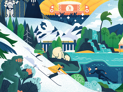 50 Reasons To Travel bigfoot collage flat scuba ski snow texture vector waterfall