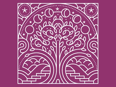 Tree of Life clouds editorial flat graphic illustration linework monoline monolinear moon moon cycle stamp stars tree vector