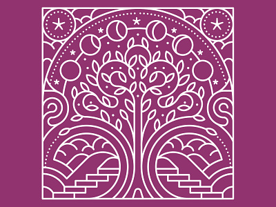 Tree of Life clouds editorial flat graphic illustration linework monoline monolinear moon moon cycle stamp stars tree vector