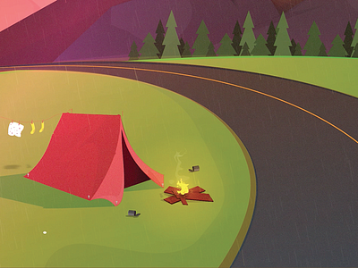 Camping scene animation camping colorful illustration mountains road tente