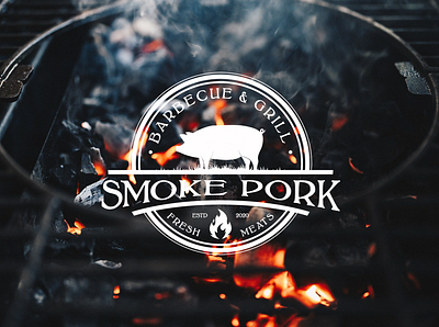 Vintage Retro Pork, Pig BBQ Grill, Barbecue Logo Design angus barbecue barbeque bbq beef black blackburn charcoal cooking cow fire flame food fork grill ham heat pig pork smoke