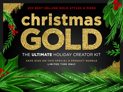 Christmas Gold: Ultimate Holiday Creator Kit christmas gold gold styles holiday holly metallic metallic gold mistletoe pine tree wreath