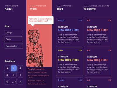 Portfolio Dark Theme concept blog bot chat concept dark theme design filter posts robot scifi website design