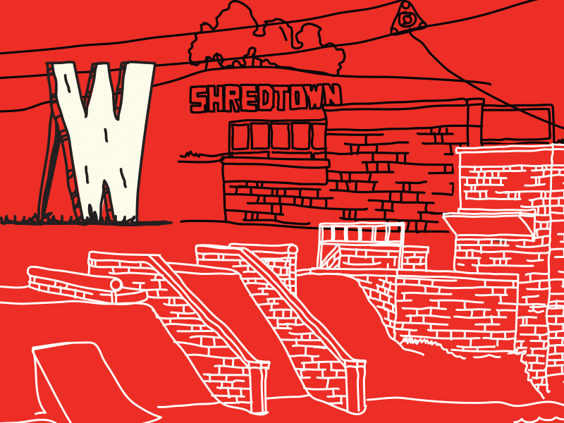 "Enter Shredtown" Feature, WKB Mag editorial hand drawn illustration layout magazine wakeboarding