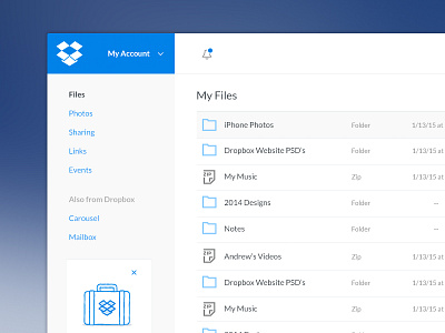 Dropbox Redesign Concept- See Full View application clean dashboard dropbox flat grid interface redesign simple table ui user