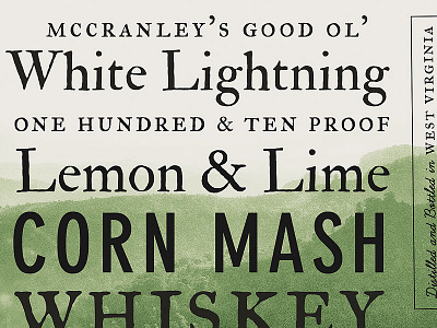 McCranley's Good Ol' White Lightning alcohol bottle branding design label letterpress moonshine package packaging typography virginia whiskey