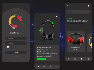 Headphone App app blacktheme branding design greentheme orange design typography uidesign ux ux design