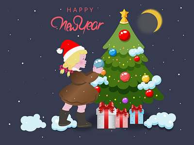 Girl and the Christmas tree christmas toys christmas tree design graphic design ill illustration new year snow vector