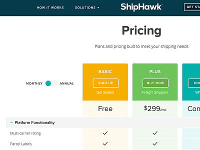 ShipHawk Interactive Pricing Table