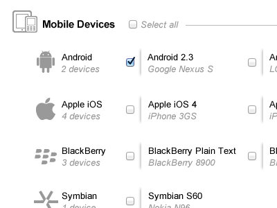 Mobile Device Selection checkbox form litmus mobile