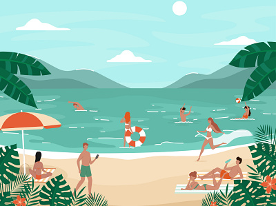 People having fun on the beach cartoon cartoon character illustration people play summer vacation vector