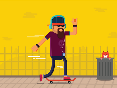 Rock & Roll beard cat character headphone illustration music skating