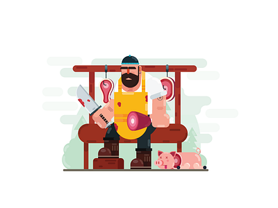 Butcher animal blood butcher character food illustration knife man meat pig vector wood
