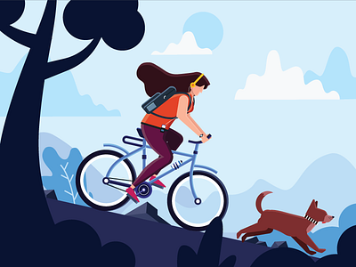 Dog's life #2 character clouds cycling dog girl illustration mountains pet plants trees vector