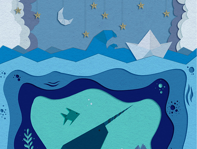 Deep sea blue deep sea digital art digital illustration illustration illustration art kids illustration kirigami illustration limited colours ocean origami illustration origami illustration