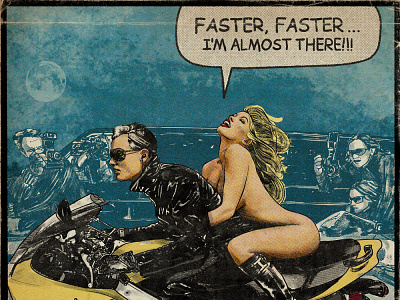 Faster, Faster... I'm almost there!!! comic comic art illustration illustrator ink motorbike naked nude pamela anderson retro speed