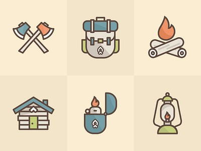 Camping Icons axe backpack cabin campfire camping clean iconography icons lamp lantern lighter simple